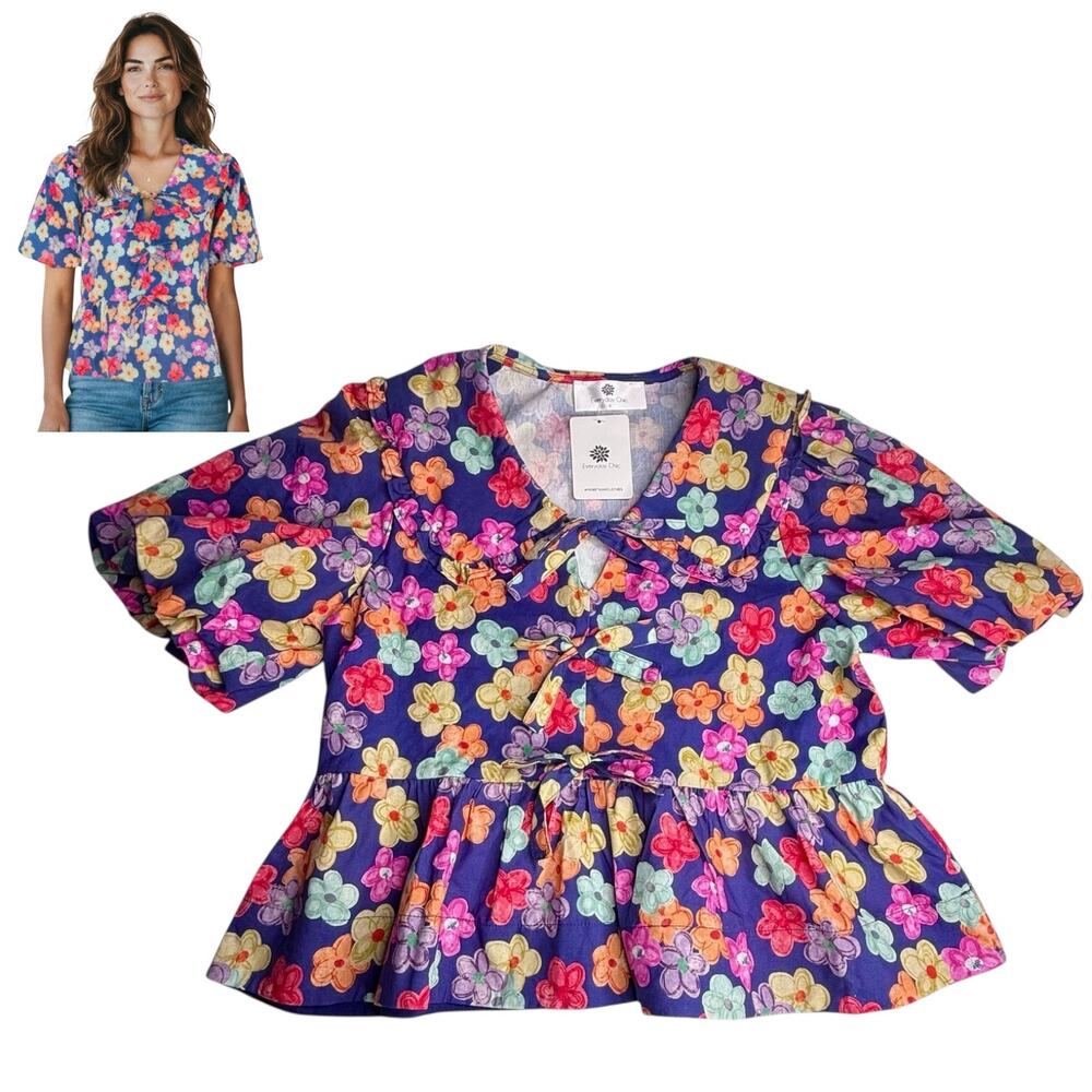 Everyday Chic Tie Blouse Sweet Daisy Bow Front V Neck Women's Small Floral Shirt